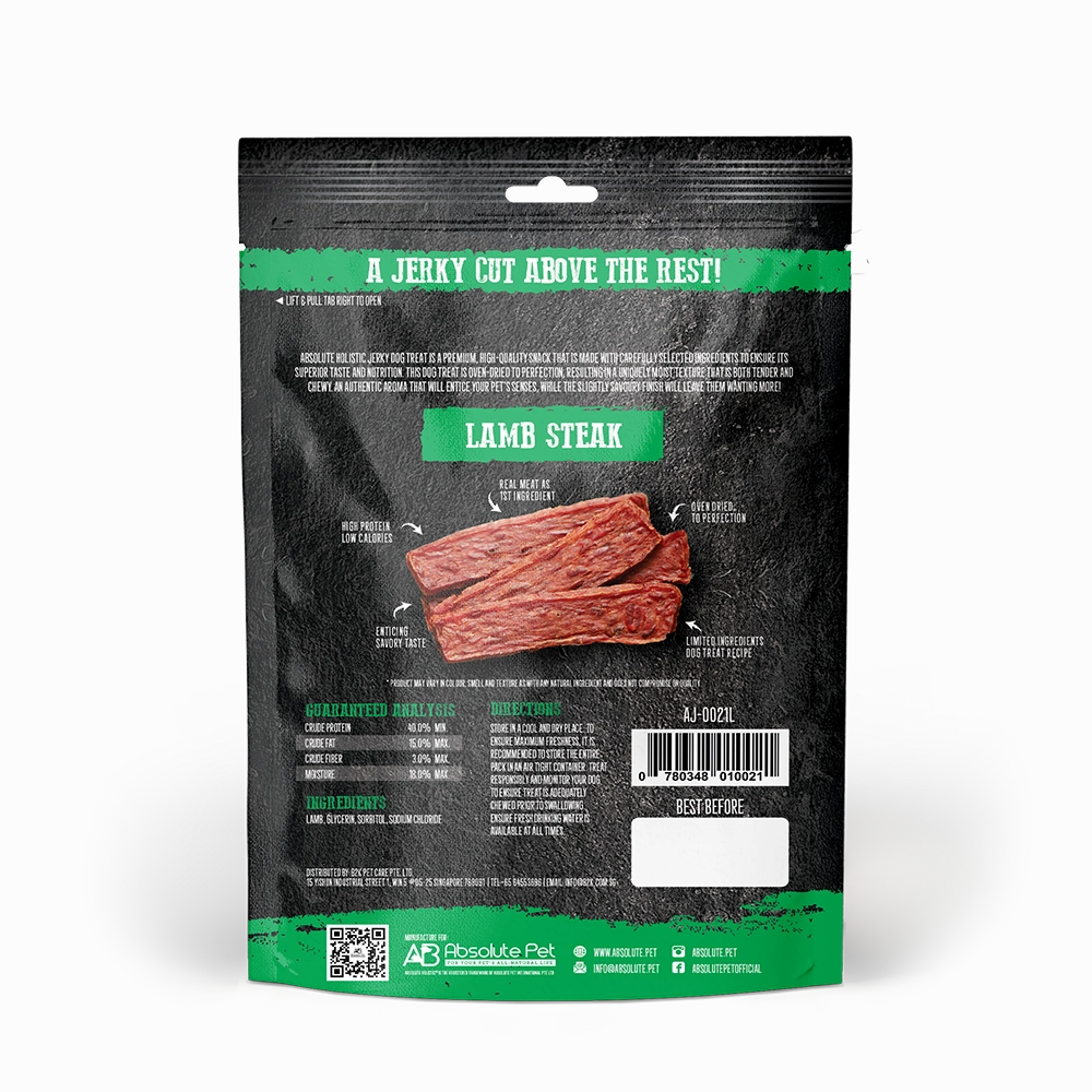 Absolute Holistic Dog Treats Lamb Jerky Steak 100g