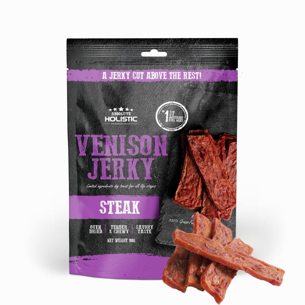 Absolute Holistic Dog Treats Venison Jerky Steak 100g