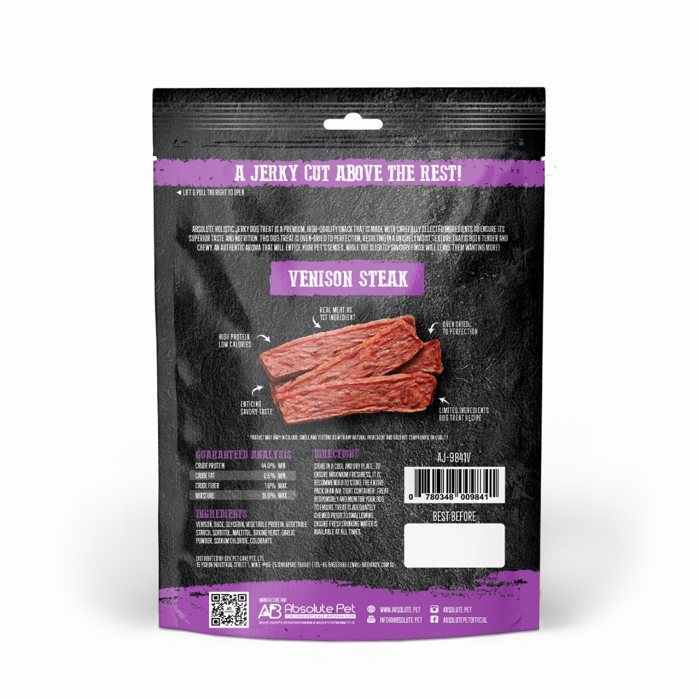 Absolute Holistic Dog Treats Venison Jerky Steak 100g