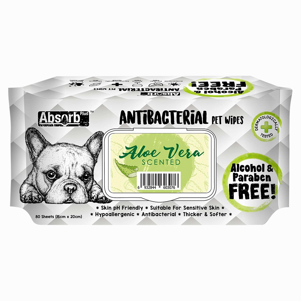 Absorb Plus AntiBacterial Pet Wipes Aloe Vera Scented 15cm x 20cm - 80sheets