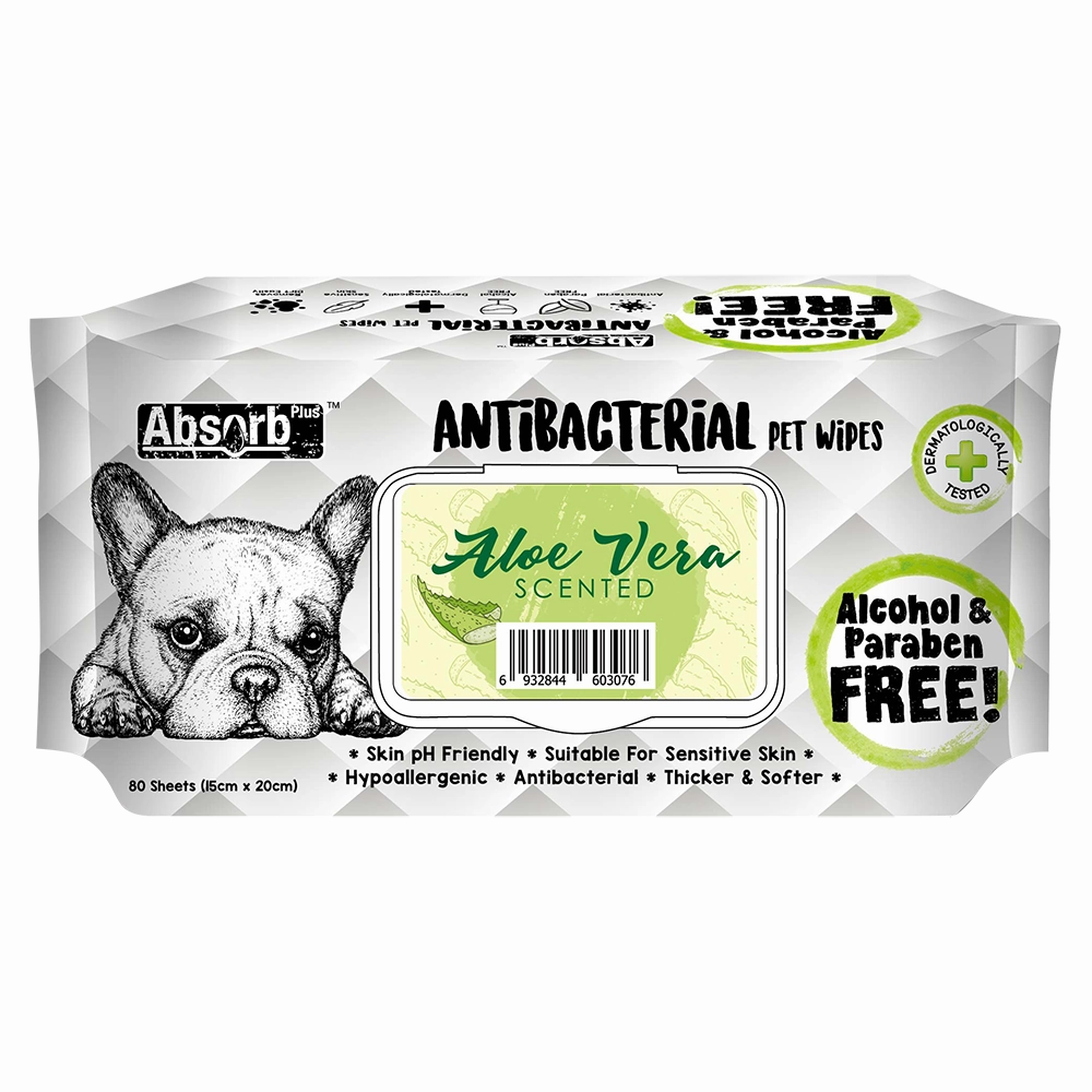 Absorb Plus AntiBacterial Pet Wipes Aloe Vera Scented 15cm x 20cm - 80sheets