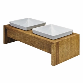 Artisan Double Wood Dog Bowl Feeder Bamboo