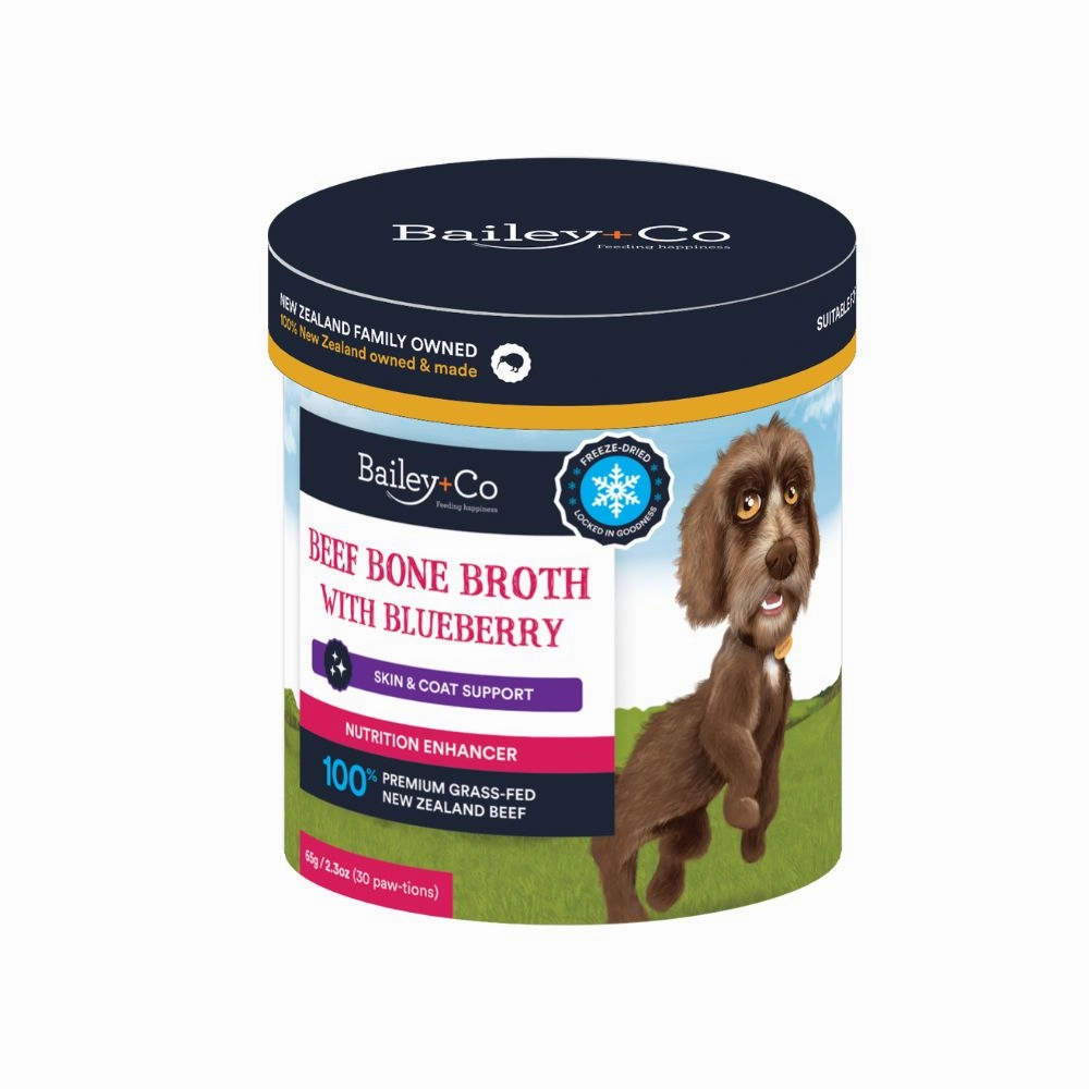 Bailey Co Dog Freeze-Dried Nutrition Enhancer Skin & Coat Support Beef Bone Broth With Blueberry 65g