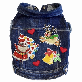 Custom Christmas Denim Dog Jacket Happy Santa