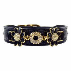 Daisy Collection Dog Collar Black Patent/Black Diamond/Gold