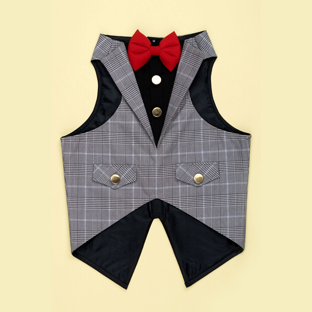 Dogobow Checked Tuxedo for Dogs (Grey) (Get a Bow Free)