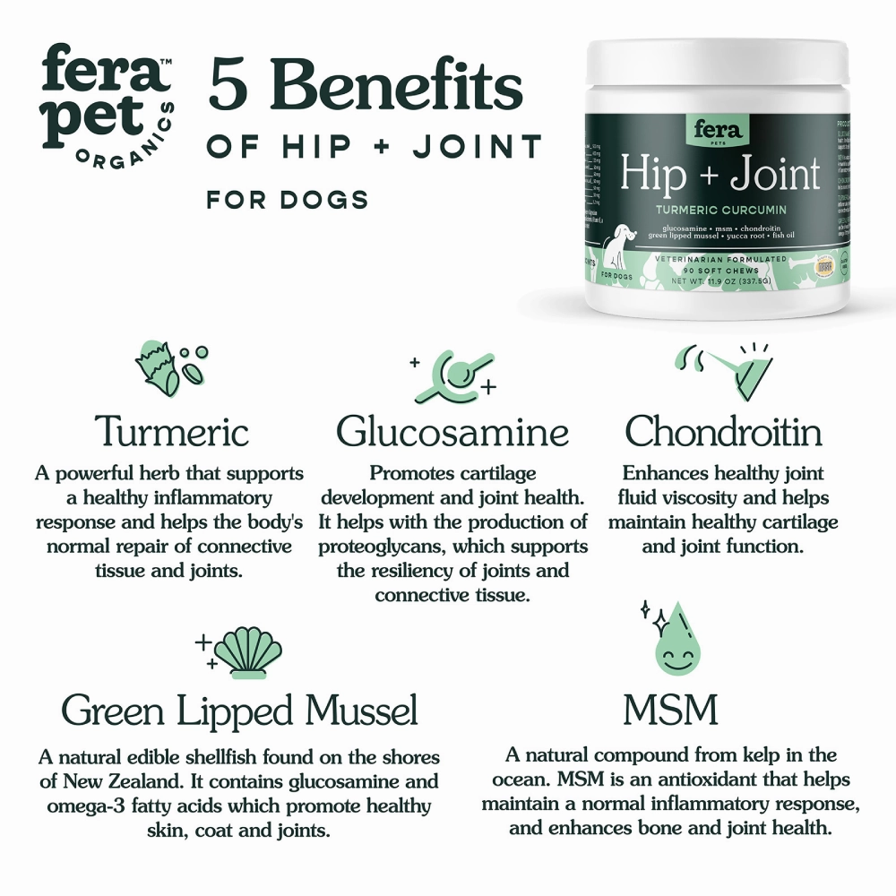 Fera Pet Organics Dog Hip   Joint Turmeric Curcumin 90 Soft Chews 11.9oz