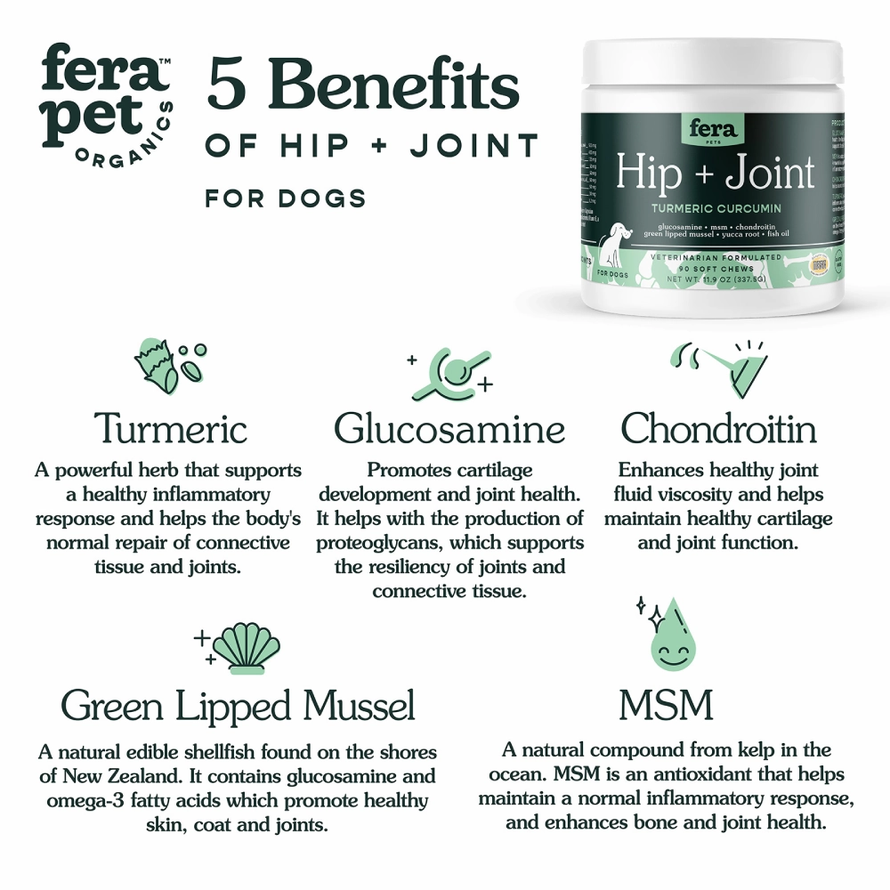 Fera Pet Organics Dog Hip   Joint Turmeric Curcumin 90 Soft Chews 11.9oz