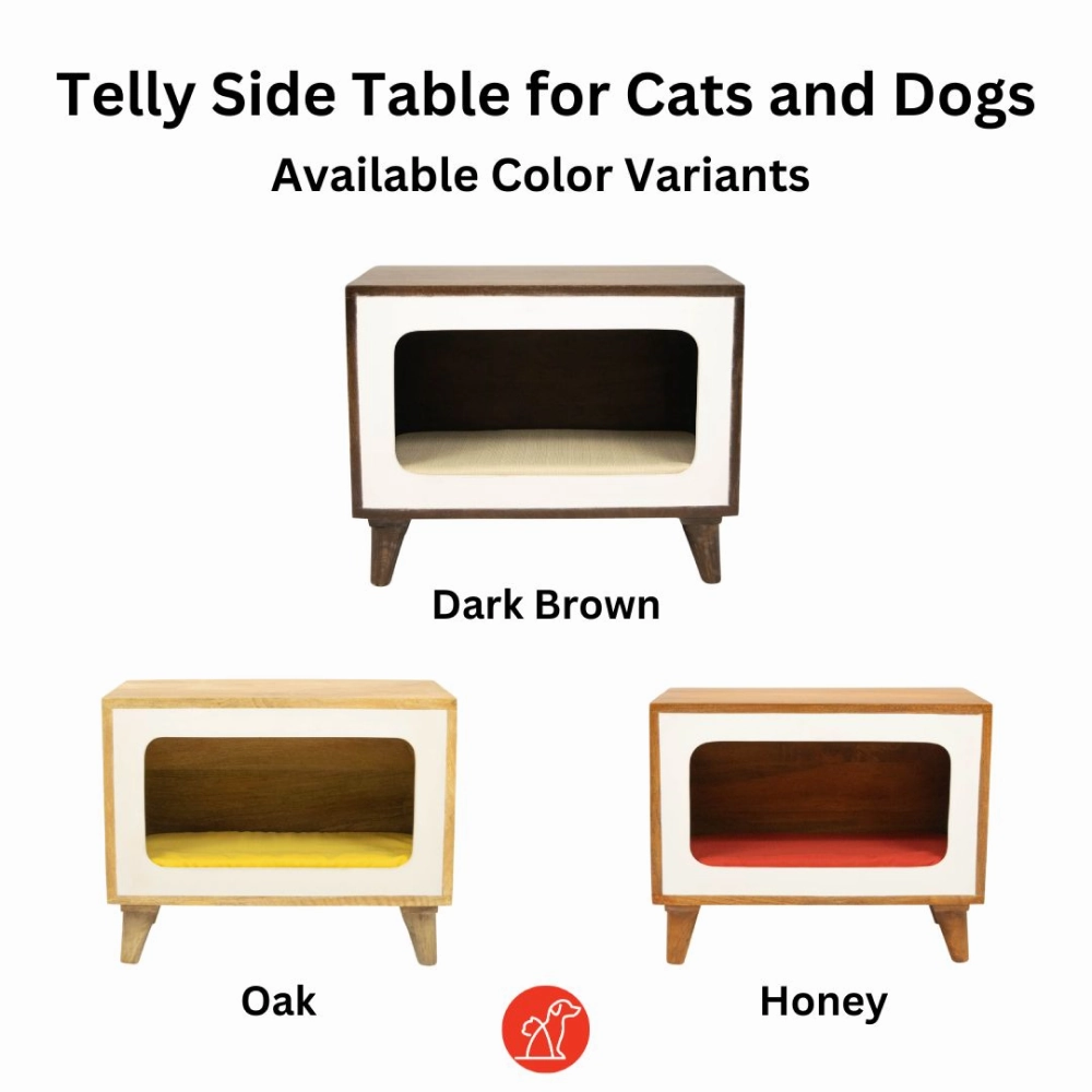 FurryLiving Telly Side Table with Cushion for Small Dogs and Cats (Oak/Yellow Cushion)