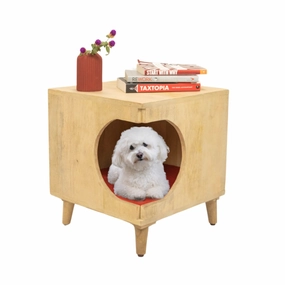 FurryLiving Wally Side Table with Cushion for Small Dogs and Cats (Oak/Red Cushion)