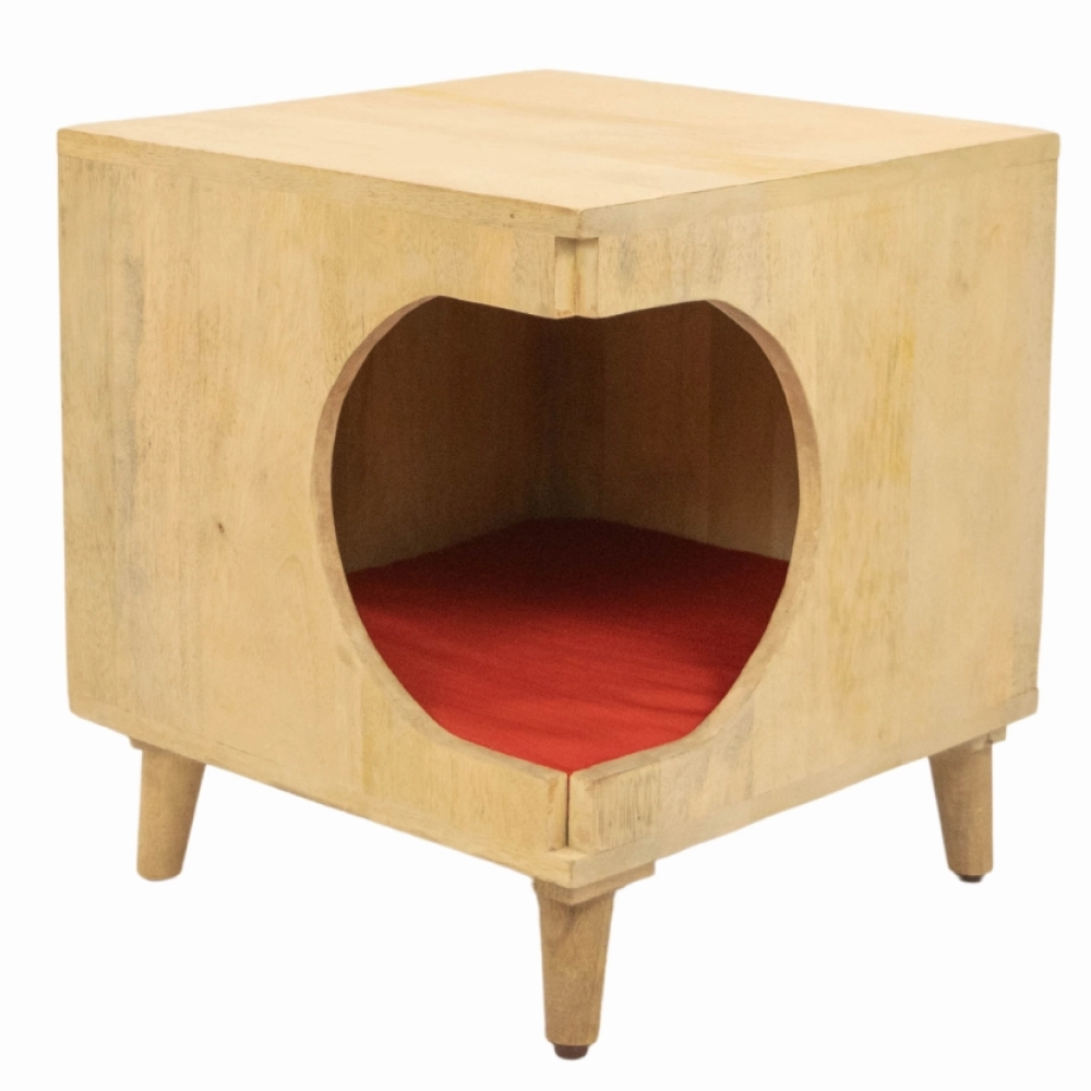 FurryLiving Wally Side Table with Cushion for Small Dogs and Cats (Oak/Red Cushion)