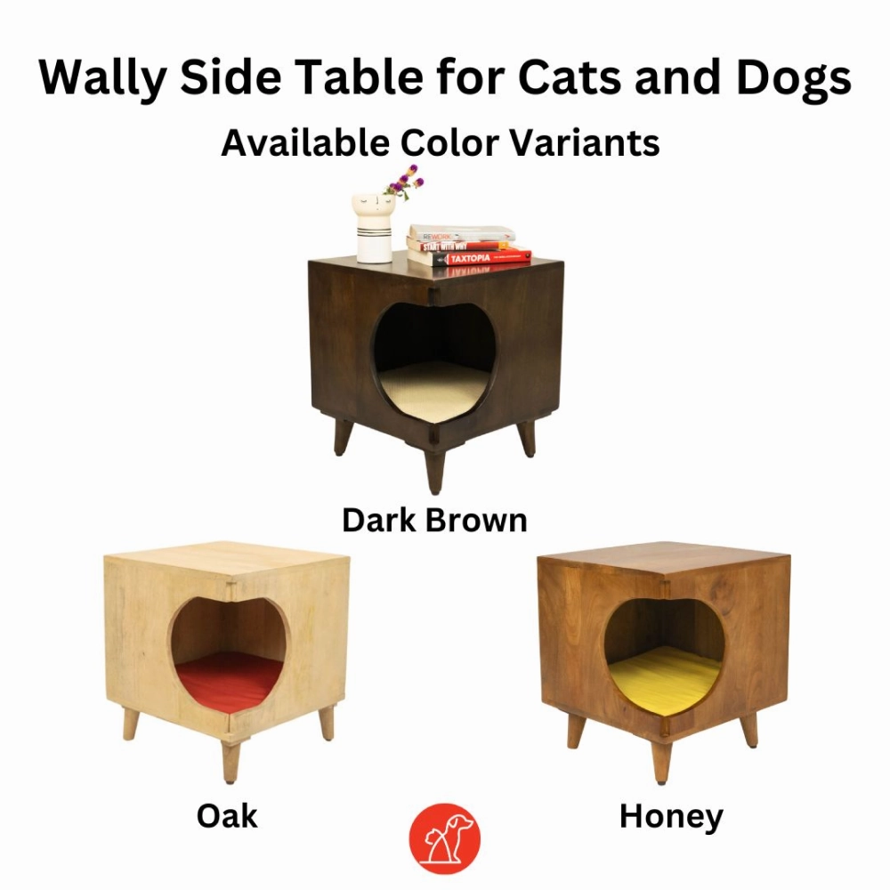 FurryLiving Wally Side Table with Cushion for Small Dogs and Cats (Oak/Red Cushion)
