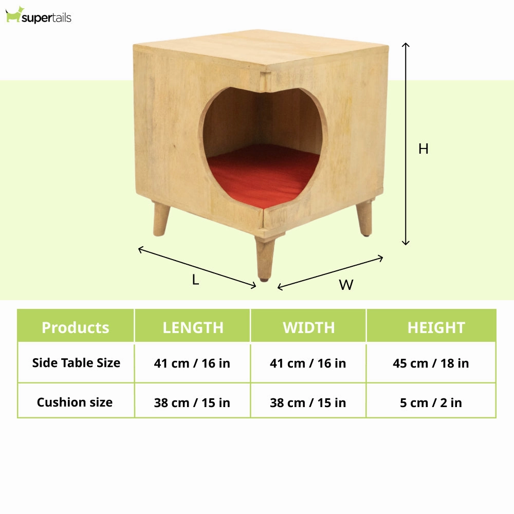 FurryLiving Wally Side Table with Cushion for Small Dogs and Cats (Oak/Red Cushion)