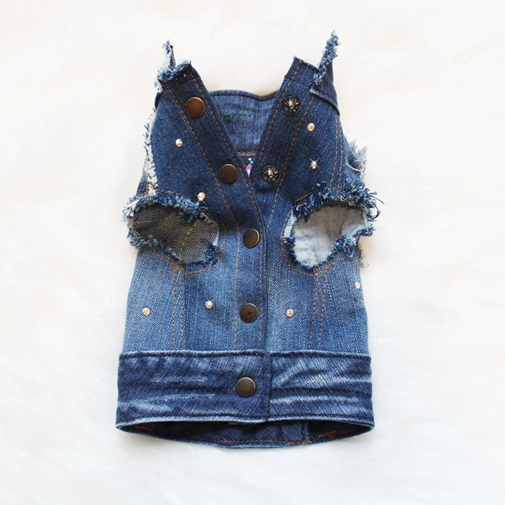 Gold Skull Studded Sleeveless Denim Dog Jacket
