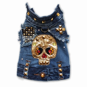 Gold Skull Studded Sleeveless Denim Dog Jacket