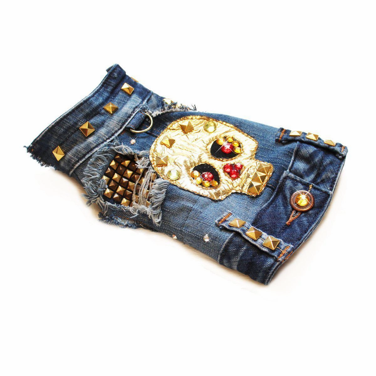 Gold Skull Studded Sleeveless Denim Dog Jacket