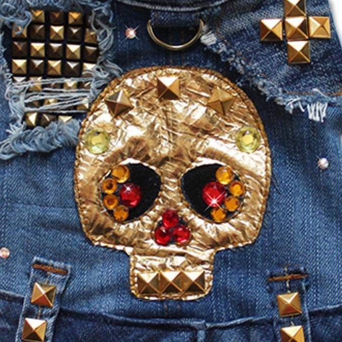 Gold Skull Studded Sleeveless Denim Dog Jacket