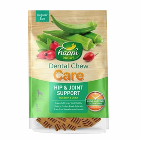 Happi Doggy Dental Chew Care Hard Chew Hip & Joint Support Rosehip & Okra Regular 150g