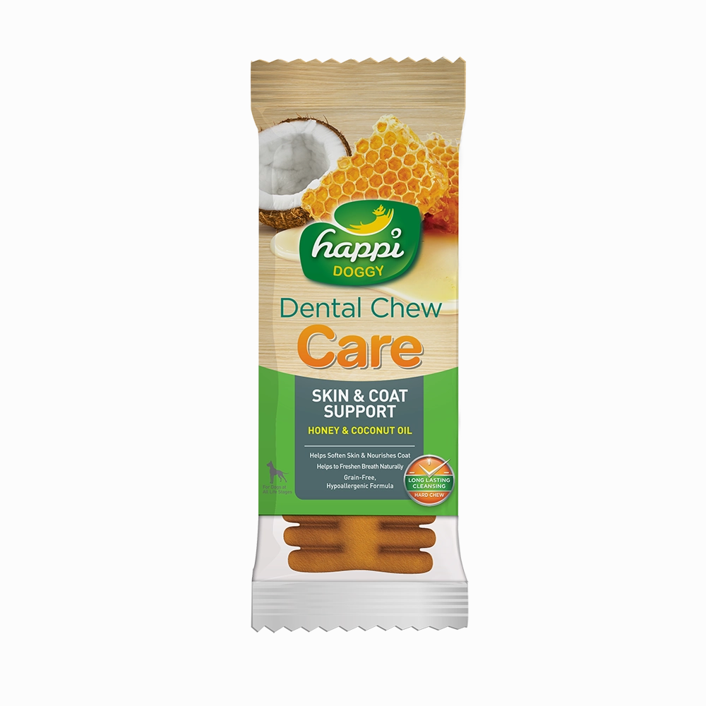 Happi Doggy Dental Chew Care Hard Chew Skin & Coat Support Honey & Coconut Oil Regular 25g