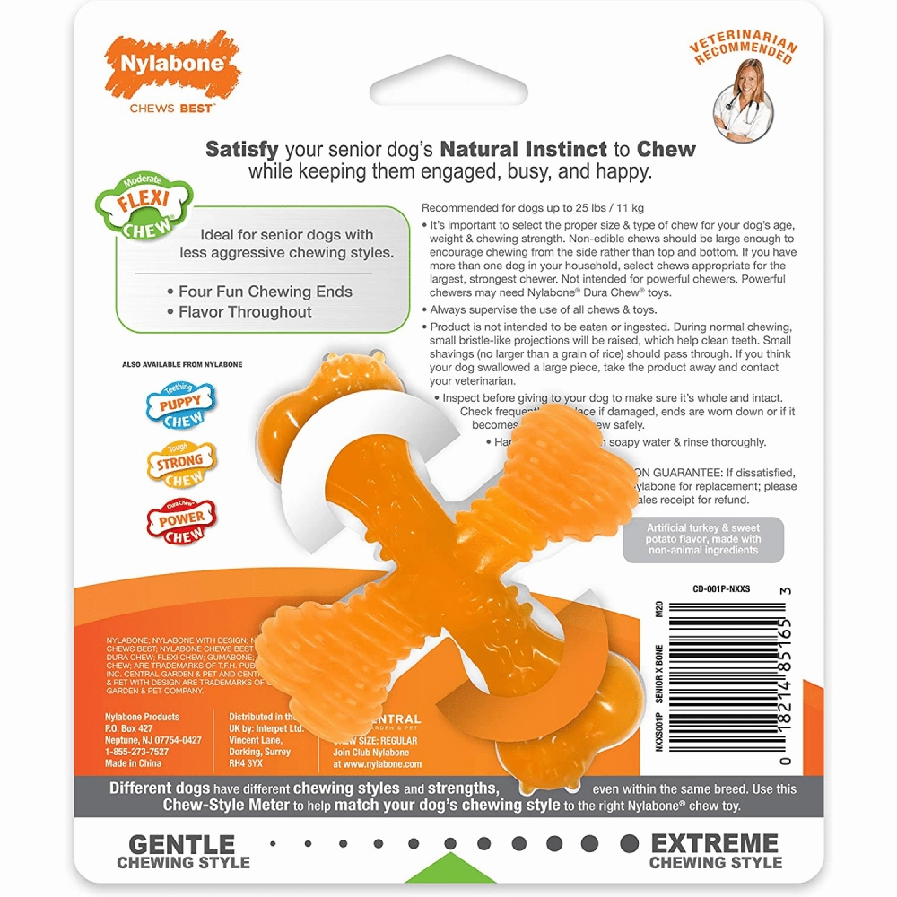 Nylabone Sliver Collection Turkey and Sweet Potato Flavoured Flexi Chew X Bone Toy for Dogs (Orange)