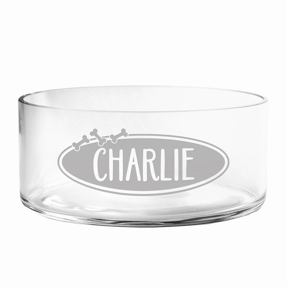 Personalized Oval Bones Glass Dog Bowl