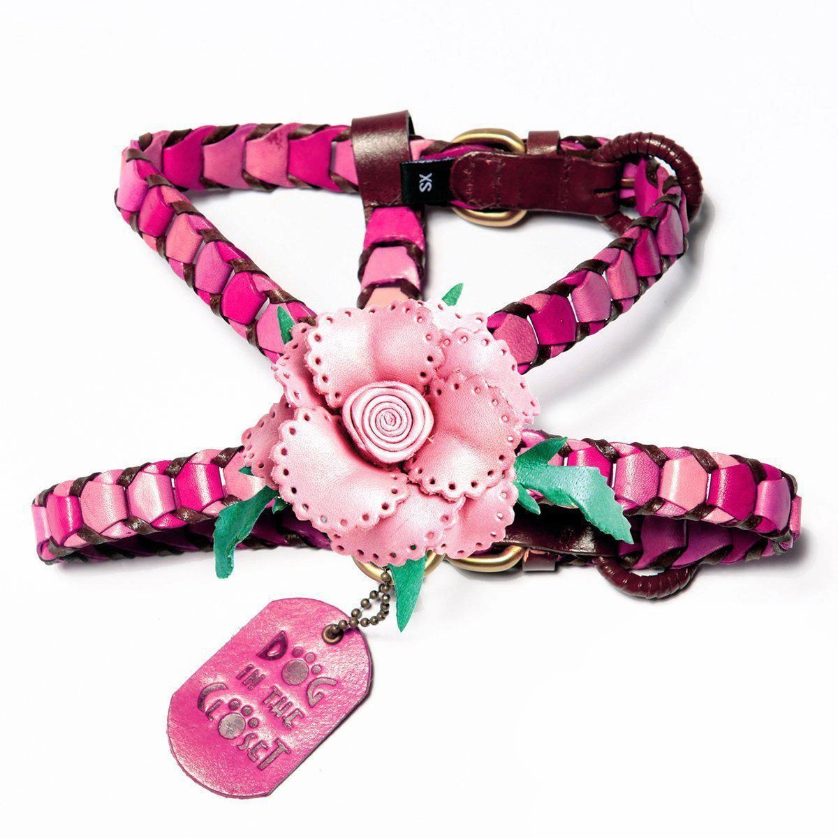 Shades Of Pink Leather Dog Harness With Light Pink Flower