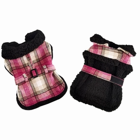 Sherpa Lined Dog Harness Coat With Leash Hot Pink And Tan Plaid