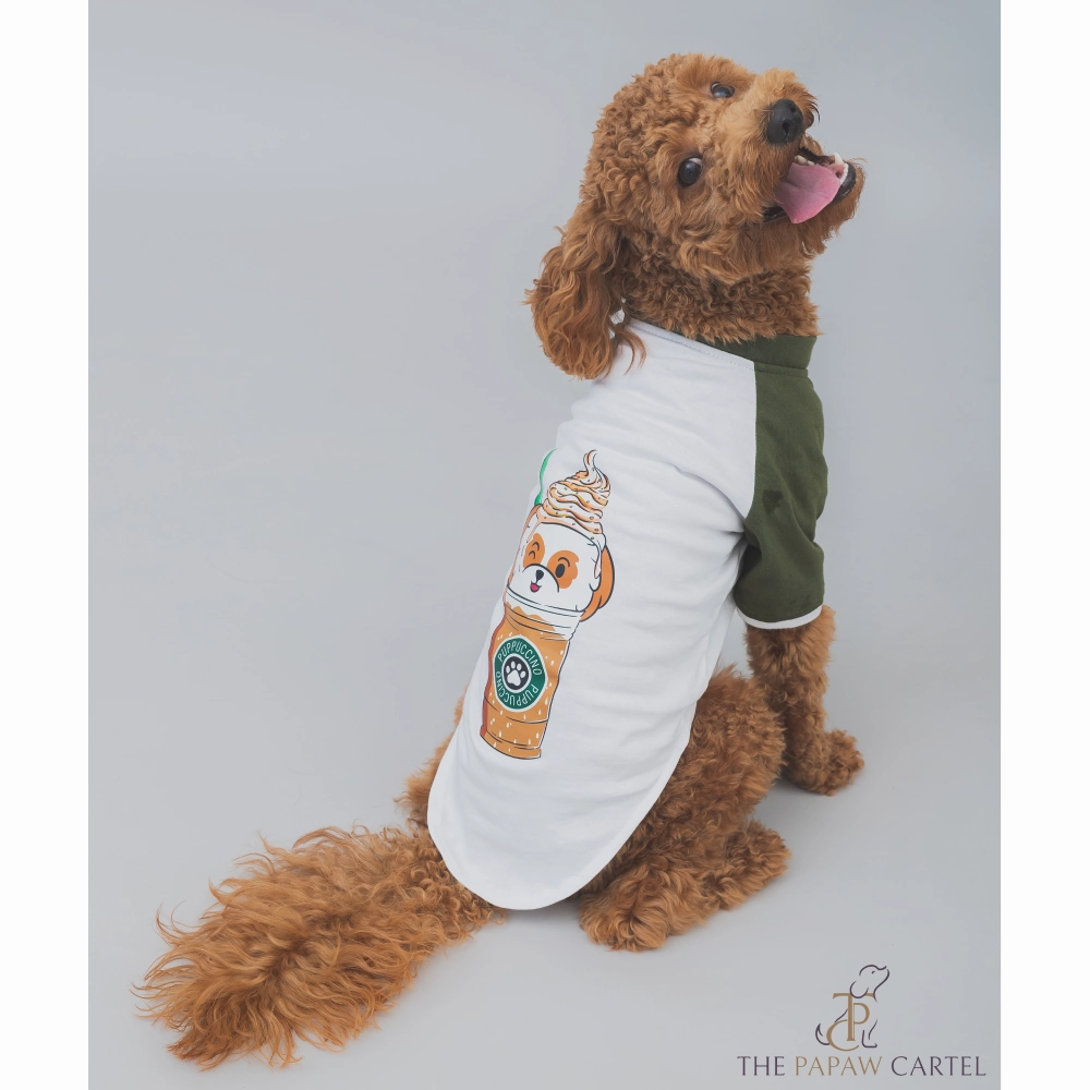 The Papaw Cartel Puppacino Dog Tshirt for Dogs (White/Olive/Green)