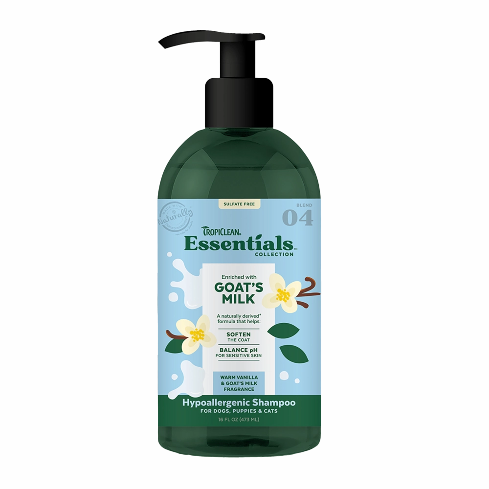 TropiClean Essentials Hypoallergenic Shampoo Goat's Milk - Warm Vanilla & Goat's Milk for Dogs, Puppies & Cats 16oz