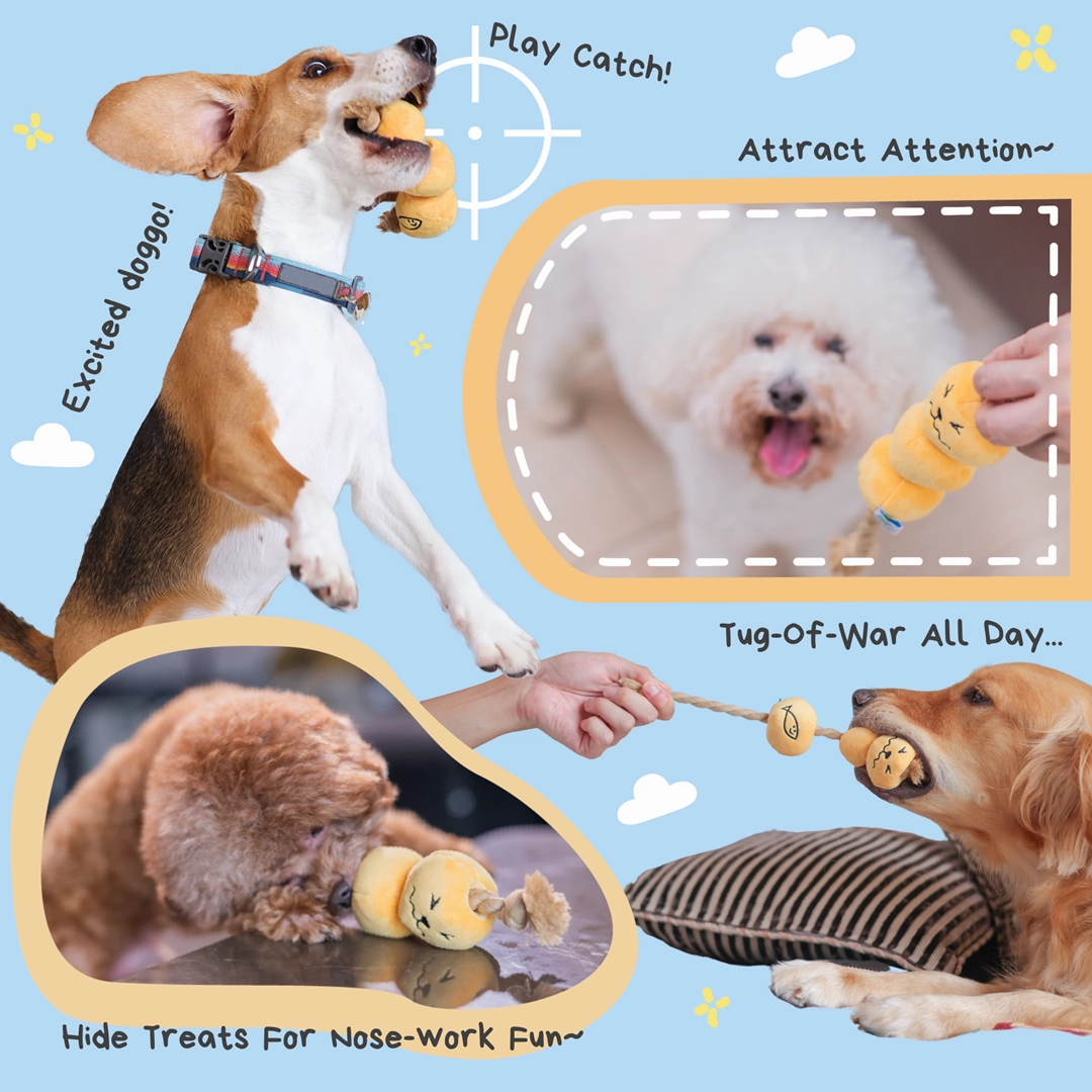 Woof Curry Fishball Interactive Rope Pull Squeaky Dog Toy