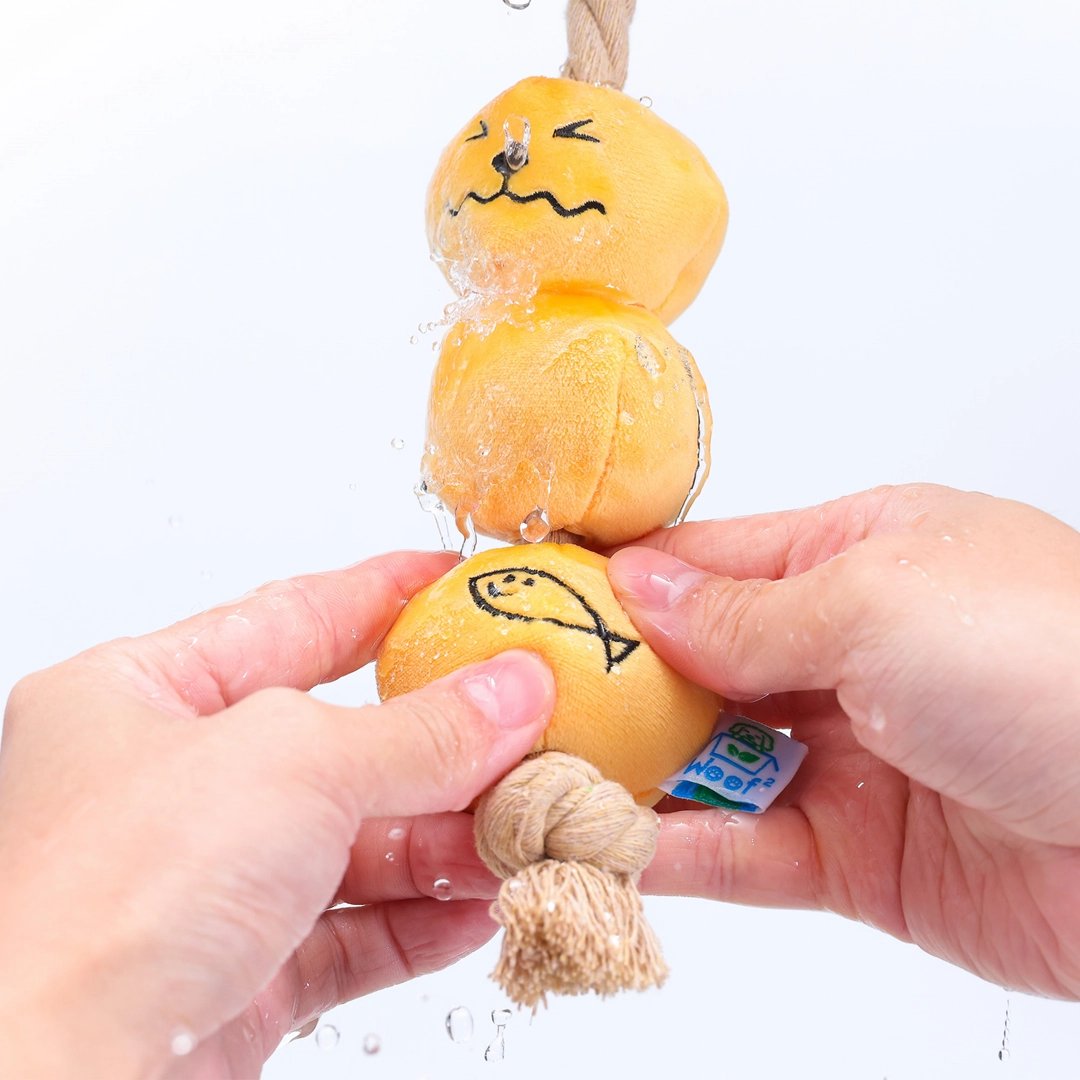 Woof Curry Fishball Interactive Rope Pull Squeaky Dog Toy